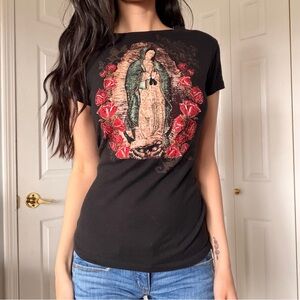 Black Graphic Virgin Mary Tee - Women's Short Sleeve Top